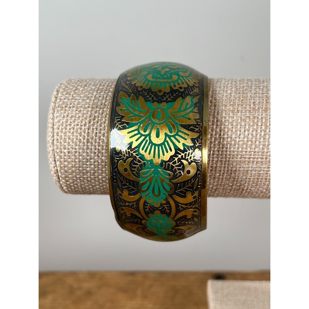 Vintage Brass Green Enamel Folk Art Floral Cuff Bracelet Wide Statement Bangle